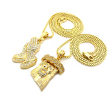 Stone Stud Jesus Face & Stone Stud Praying Hands Pendant Set w/ 2mm Box Chains in Gold-Tone
