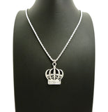 Stone Stud Hollow Royal Crown Pendant with 2mm 24" Rope Chain Necklace