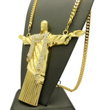 Detailed Robe Stone Stud Christ the Redeemer Pendant w/6mm 30" Box Cuban Chain Necklace, Gold-Tone
