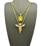 Stone Stud Extended Wing Praying Angel & Colored Gemstone Set w/ 24" & 30" Gold-Tone Box Chains
