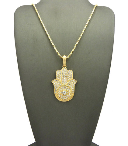 Stone Stud Filled Hamsa Palm Evil Eye Pendant with Chain Necklace