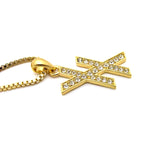 Stone Stud Double X Pendant w/ 2mm 24" Box Chain Necklace