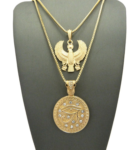 Polished Horus Falcon & Eye of Horus Stone Stud Medal Pendant Set 2mm Box Chain Necklaces in Gold-Tone