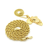 Roaring Lion on Africa Pendant w/ 2mm 24" Box Chain & 6mm 30" Rope Chain Necklace in Gold-Tone