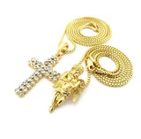 Praying Angel & 2 Row Stone Cross Pendant Set w/ 24" & 30" Box Chain Necklaces in Gold-Tone