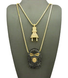 Stone Stud Power Plug & Goon Ski Mask Head Pendant Set w/ 2mm 24" & 30" Box Chains in Gold-Tone