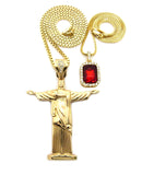 Colored Gemstone & Christ the Redeemer Pendant Set w/ 24" & 30" Box Chain Necklaces in Gold-Tone