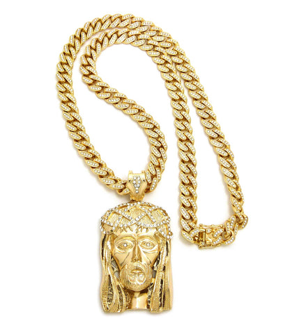 Crown of Thorns Jesus Head Pendant with 12mm 30" Iced Out Cuban Chain Necklace in Gold-Tone