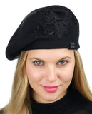 C.C Rhinestone Embellished Embroidered Flower French Style Angora Beret