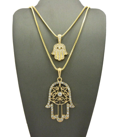 Stone Stud Hamsa Palm Fatima Hand Pendant Set w/ 2mm 24" & 30" Box Chain Necklaces in Gold-Tone