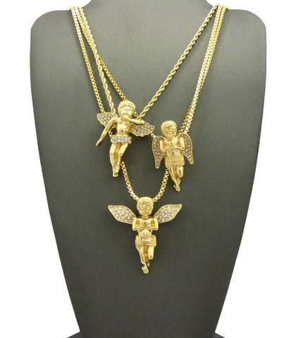 Triple Stone Stud Angel Wing Pendant Set with Box and Rope Chain Necklaces in Gold-Tone Be the first to review this item