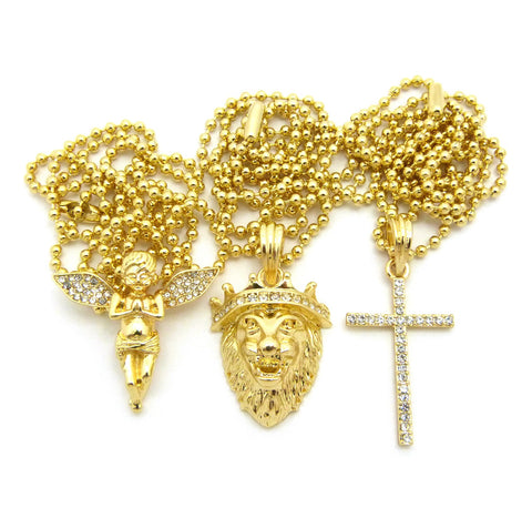Praying Angel, King Lion, & Single Row Cross Pendant Set w/ Gold-Tone Ball Chain Necklaces