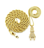 Power Plug Pendant w/ 2mm 24" Box Chain & 6mm 30" Rope Chain Necklace in Gold-Tone