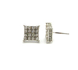 4 Stone Row Concave Square Shape Stud Pierced Earrings, Silver-Tone