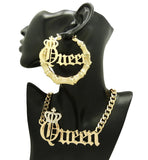 Stone Stud Crowned Queen Pendant Chain Necklace with Pincatch Earrings Jewelry Set
