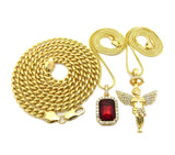 Colored Gemstone & Hip Hop Pendant Set on Box Chains with Cuban Chain in Gold-Tone