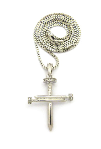 Simple Studded Reversible 3 Cross Nail Pendant w/ 2mm 24" Box Chain Necklace in Silver-Tone