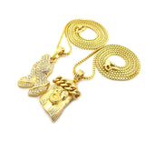 Cuban Crown Jesus Head & Stone Stud Praying Hands Pendant Set w/ 2mm Box Chains in Gold-Tone