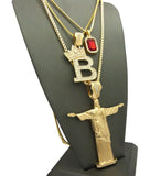 Colored Gemstone, Tilted Crown Initial B, Christ the Redeemer Pendant Set w/ Chain Necklaces