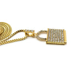 Stone Stud Padlock Pendant w/ 2mm 24" Box Chain Necklace