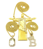 Gemstone, Tilted Crown Initial B, Christ the Redeemer Pendant Set w/ Rope Chains in Gold-Tone