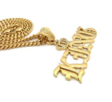 Stone Stud Crown Calligraphic KING Pendant w/6mm 24" Cuban Chain Necklace, Gold-Tone
