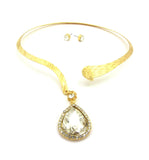 Women's Teardrop Stone Pendant Open Choker Necklace and Earring Set in Gold-Tone