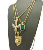 Faux Emerald Stone, Halo Angel & King Lion Pendant Set w/ Multi Length Box Chains in Gold-Tone