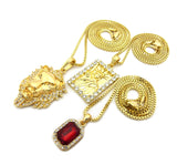 Ruby Red Gemstone, Statue of Liberty & Noble Lion Head Pendant Set w/ Box Chains in Gold-Tone