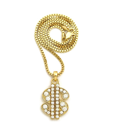 Stone Stud Dollar Sign Micro Pendant with 2mm 24" Box Chain Necklace, Gold-Tone