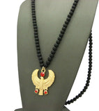 Ruby Red Round Gemstone Horus Falcon Pendant w/ 6mm 30" Wood Bead Necklace