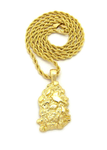 Gold-Tone Polished Chunky Nugget Pendant w/ 2mm 24" Rope Chain Necklace