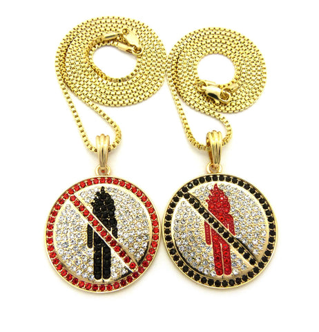 Colored Stone Border Rapper Music Video Monster Logo Pendant Set w/ Box Chain Necklaces in Gold-Tone