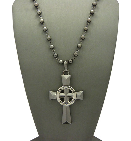 Silver-Tone Veritas Aequitas Pendant 6mm 30" Bead Chain Necklace in Hematite-Tone