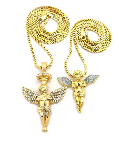 Silver-Tone Dusted Wing Praying Angel & Stone Stud Halo Angel Pendant Set w/ 24" & 30" Box Chains in Gold-Tone