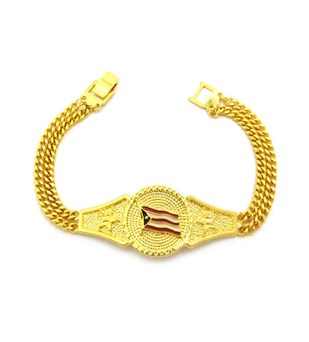 Puerto Rico Flag Dual Link Chain Bracelet with Box Clasp in Gold-Tone