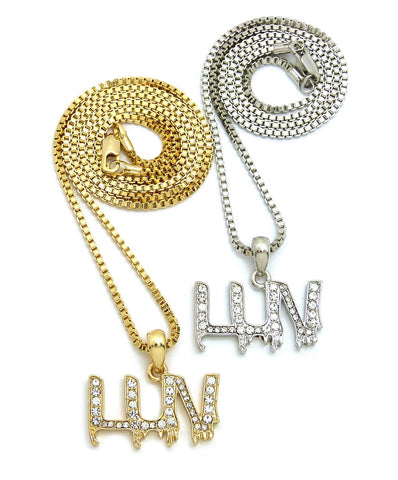 Stone Stud LUV Drip Effect Pendant Set with Box Chain Necklaces, Gold/Silver-Tone