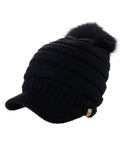 D&Y Unisex Warm Knit Visor Beanie Cap With Faux Fur Pom