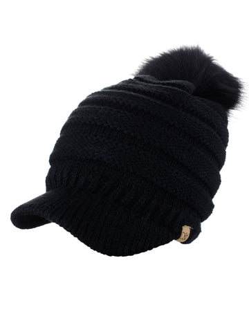 D&Y Unisex Warm Knit Visor Beanie Cap With Faux Fur Pom