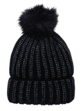 D&Y Warm Knit Cuffed Beanie With Studs And Faux Fur Pom