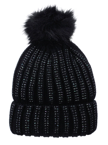 D&Y Warm Knit Cuffed Beanie With Studs And Faux Fur Pom