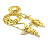 Stone Stud Extended Wing Praying Angel Set w/ 24" & 30" Gold-Tone Box Chain Necklaces