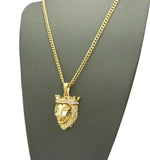 Stone Stud Crown King Lion Pendant w/ 3mm 24" Concave Cuban Chain Necklace in Gold-Tone