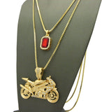 Ruby Red Gemstone & Stone Stud Motorcycle Pendant Set w/ 2mm 24" & 30" Box Chains in Gold-Tone