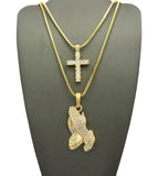 Stone Stud Single Row Cross & Stone Stud Praying Hands Pendant Set w/ 2mm Box Chains in Gold-Tone