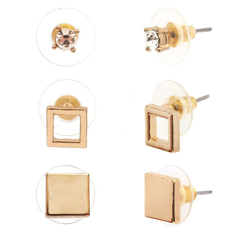 Women's Flat Square and Round 3 Pair Set Pierced Stud Earrings