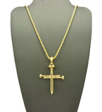Simple Studded Reversible 3 Cross Nail Pendant w/ 2mm 24" Rope Chain Necklace in Gold-Tone