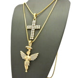 2 Row Stone Cross & Stone Stud Halo Angel Pendant Set w/ 24" & 30" Box Chain Necklaces in Gold-Tone
