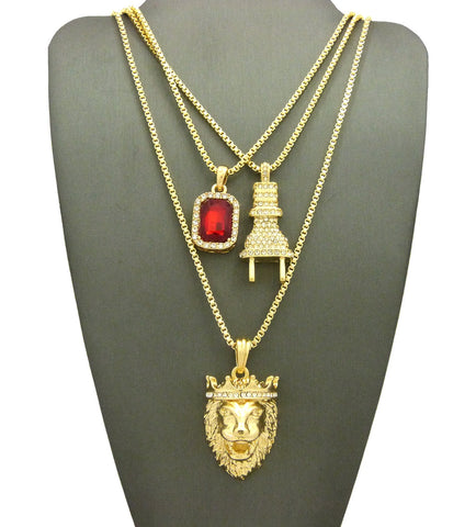 Ruby Red Stone, Power Plug & King Lion Pendant Set w/ Box Chain Necklaces in Gold-Tone