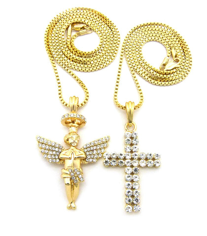 2 Row Stone Cross & Stone Stud Halo Angel Pendant Set w/ 24" & 30" Box Chain Necklaces in Gold-Tone